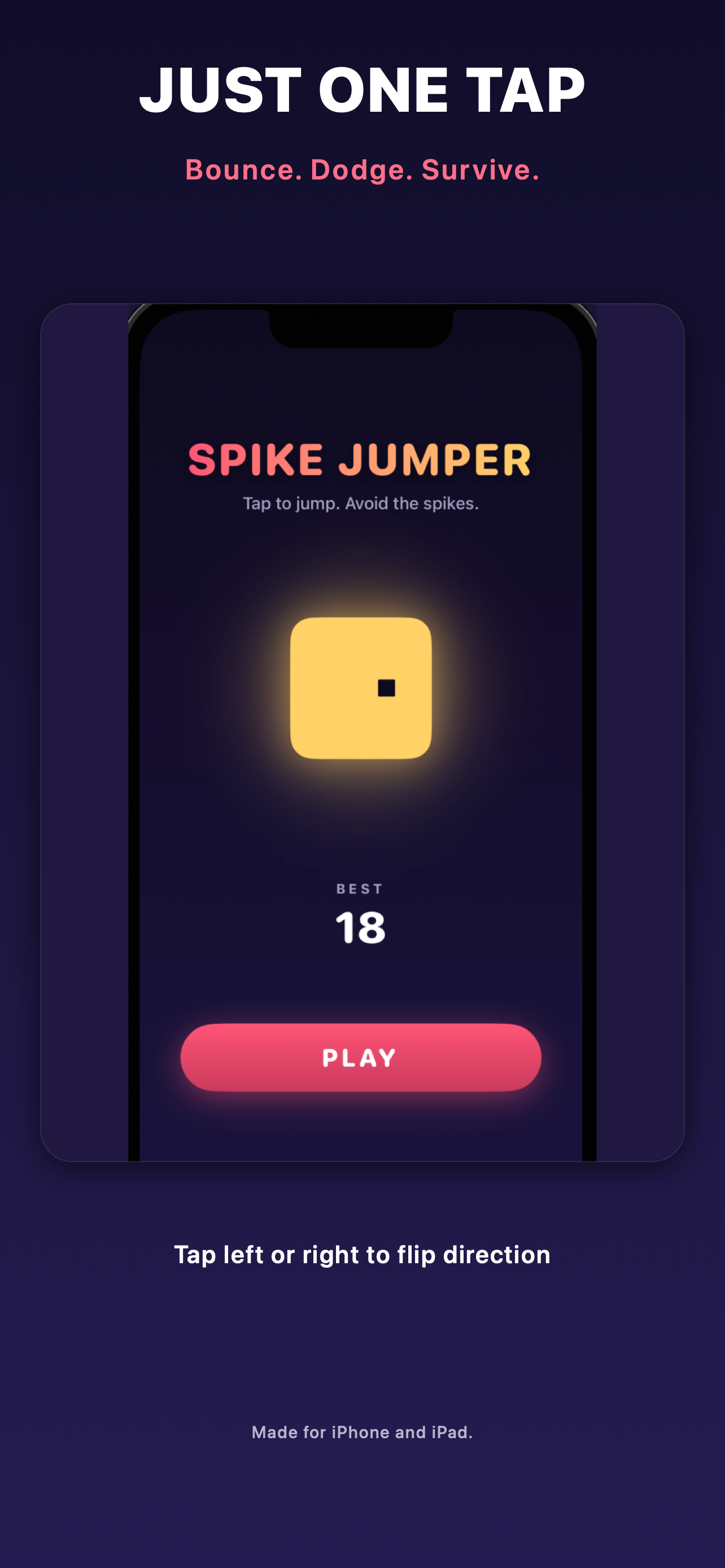 Spike Jumper home screen with the title, mascot, best score, and a PLAY button.