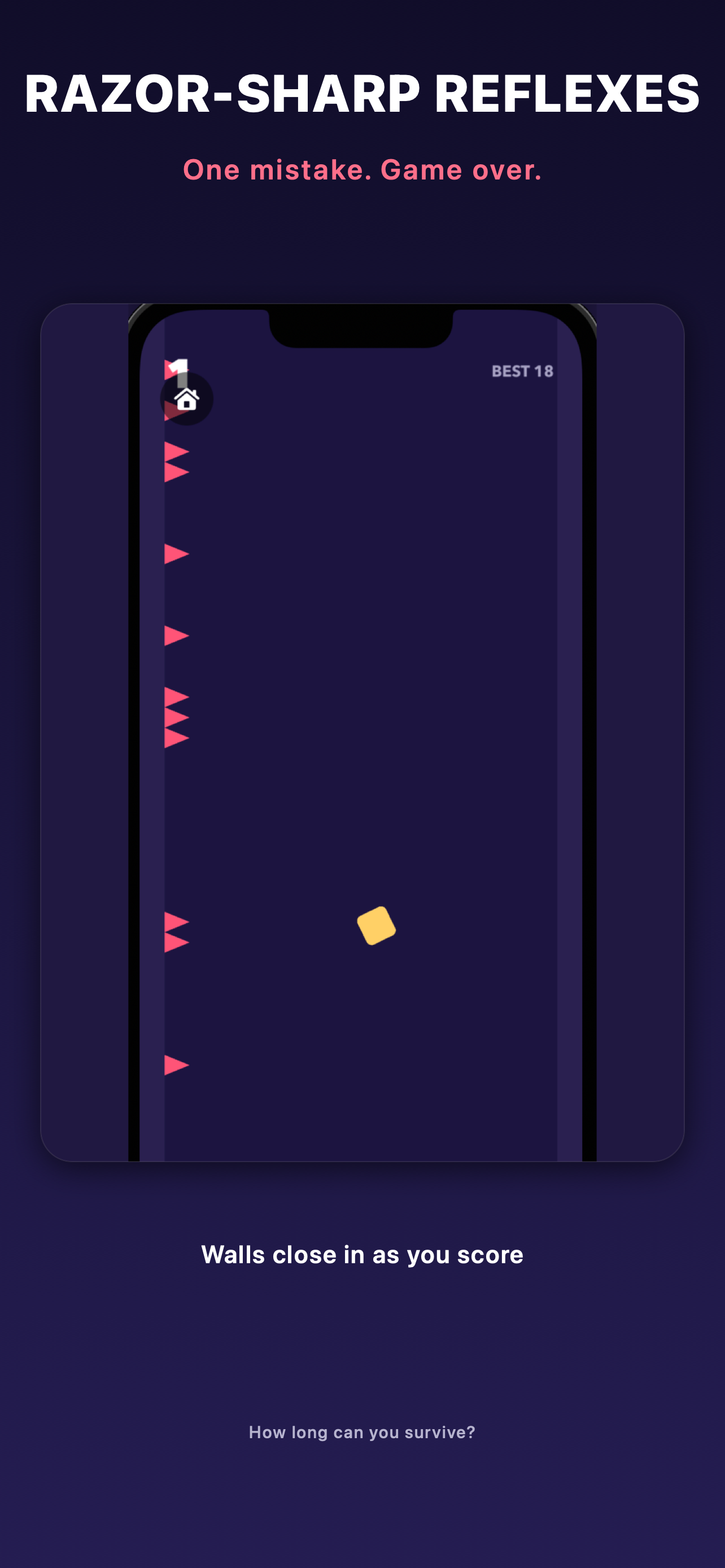 Spike Jumper gameplay screenshot — yellow square mascot bouncing between dark walls lined with pink spikes.
