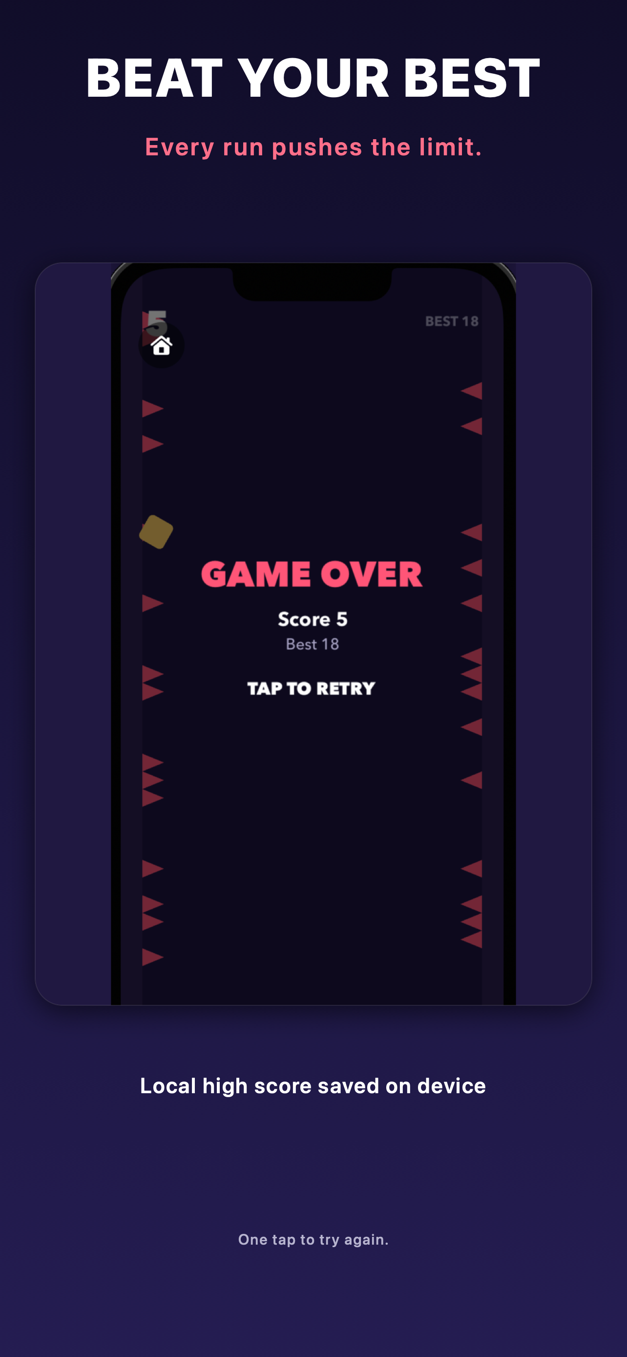 Spike Jumper game-over screen showing score and TAP TO RETRY.